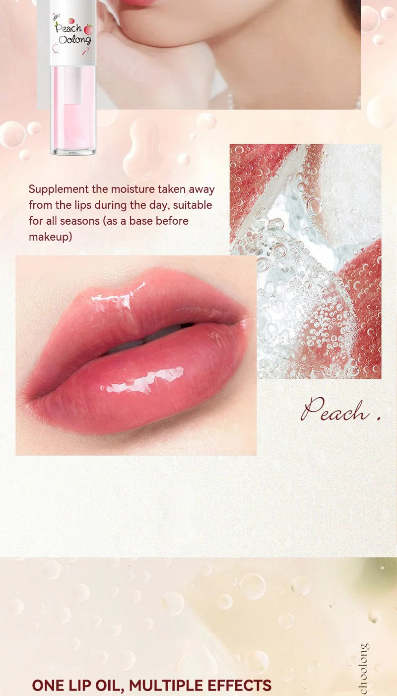 The Peach Milk Honey Lip Oil effectively alleviates dryness, provides deep moisturization, diminishes the appearance of lip lines, and imparts a light, hydrated feel to the lips. It is designed with an oversized brush head and features an appealing aesth.