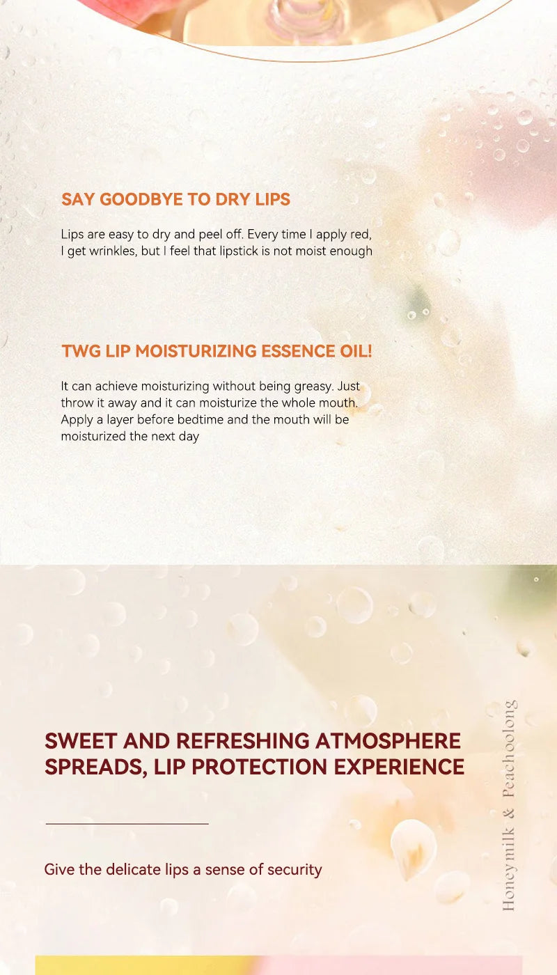 The Peach Milk Honey Lip Oil effectively alleviates dryness, provides deep moisturization, diminishes the appearance of lip lines, and imparts a light, hydrated feel to the lips. It is designed with an oversized brush head and features an appealing aesth.
