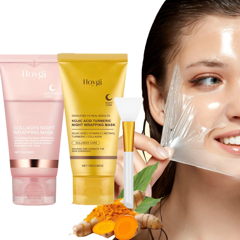 2pcs Collagen Overnight Wrapping Peel Off Facial Mask Deep Cleansing Pores Oil Control Turmeric Wrapping Night Face Mask