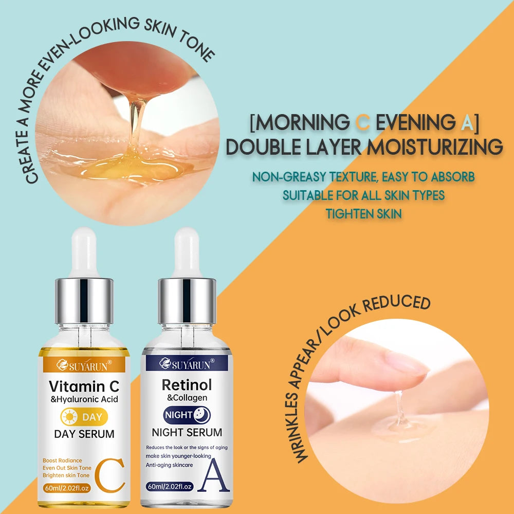 SUYARUN Day Vitamin C Night Retinol Serum - Brightening & Anti-Aging | 2-in-1 Formula for Skin Repair | All Skin Types.