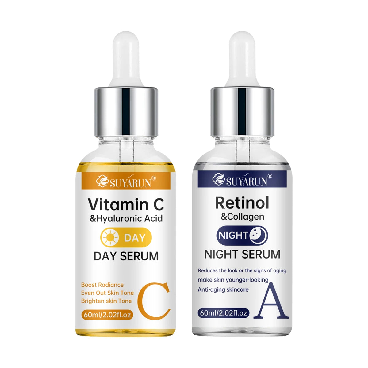 SUYARUN Day Vitamin C Night Retinol Serum - Brightening & Anti-Aging | 2-in-1 Formula for Skin Repair | All Skin Types.