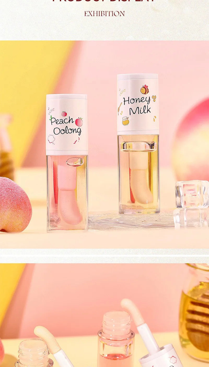 The Peach Milk Honey Lip Oil effectively alleviates dryness, provides deep moisturization, diminishes the appearance of lip lines, and imparts a light, hydrated feel to the lips. It is designed with an oversized brush head and features an appealing aesth.