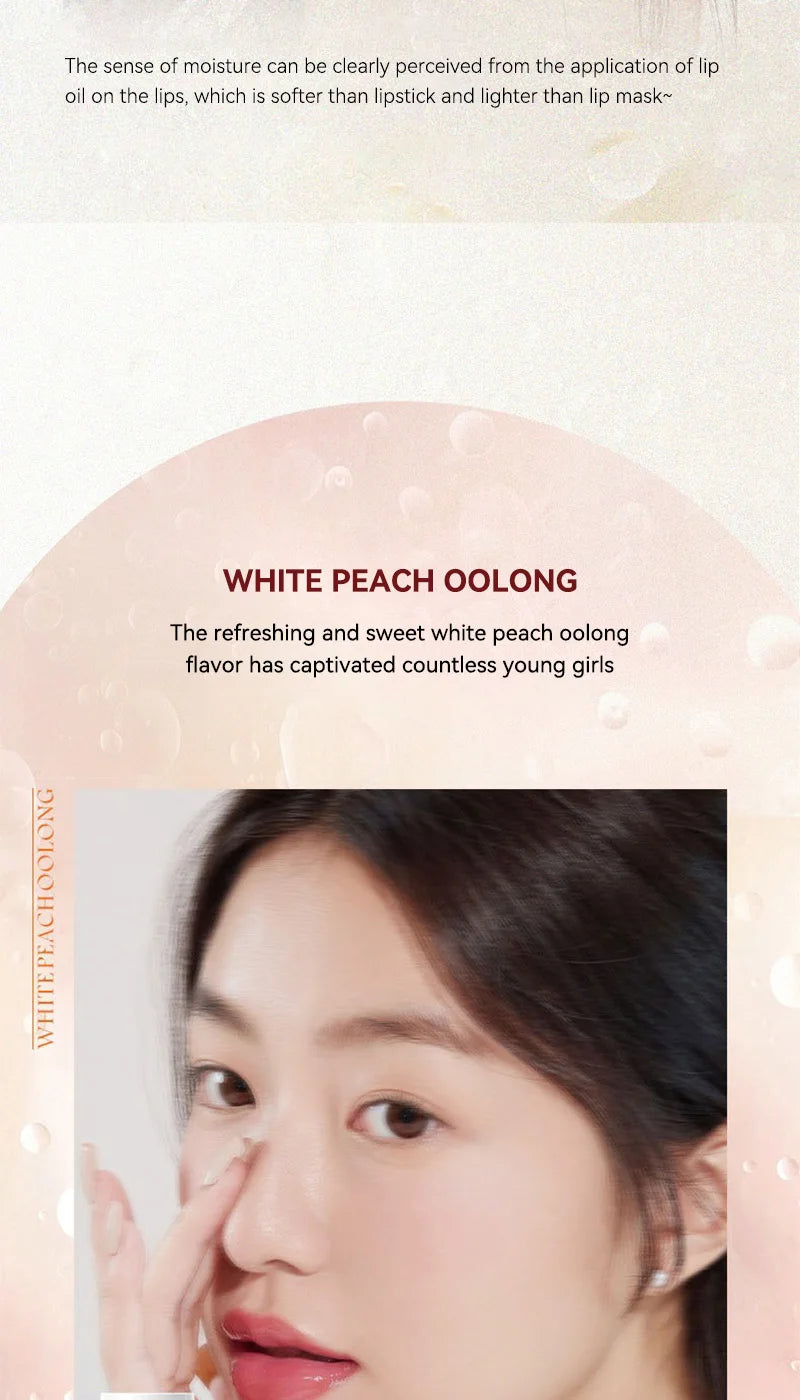 The Peach Milk Honey Lip Oil effectively alleviates dryness, provides deep moisturization, diminishes the appearance of lip lines, and imparts a light, hydrated feel to the lips. It is designed with an oversized brush head and features an appealing aesth.